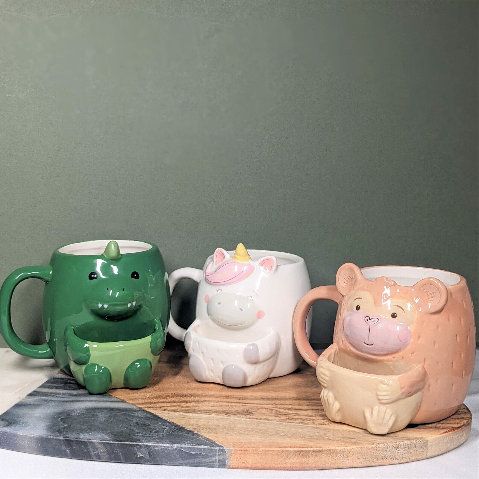 Kids Cookie Holder Pocket Mugs Cups Unicorn Monkey Dinosaur 3D Hand Painted Mugs