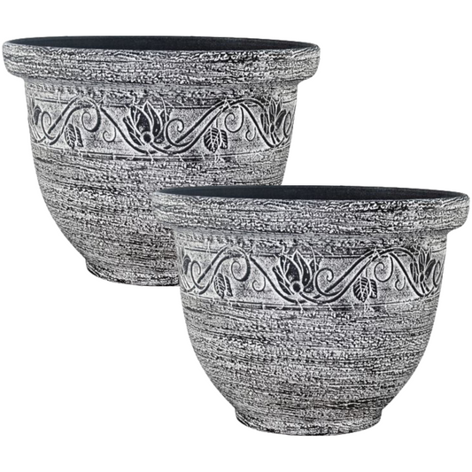 Set of 2 Round 30cm Garden Plant Pot Grey Wash Flower Outdoor Bell Planter