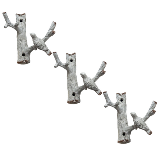 3PC Cast Iron Wall Bird on Branch 6 Hooks Coat Key Rack Metal Shabby Chic Grey