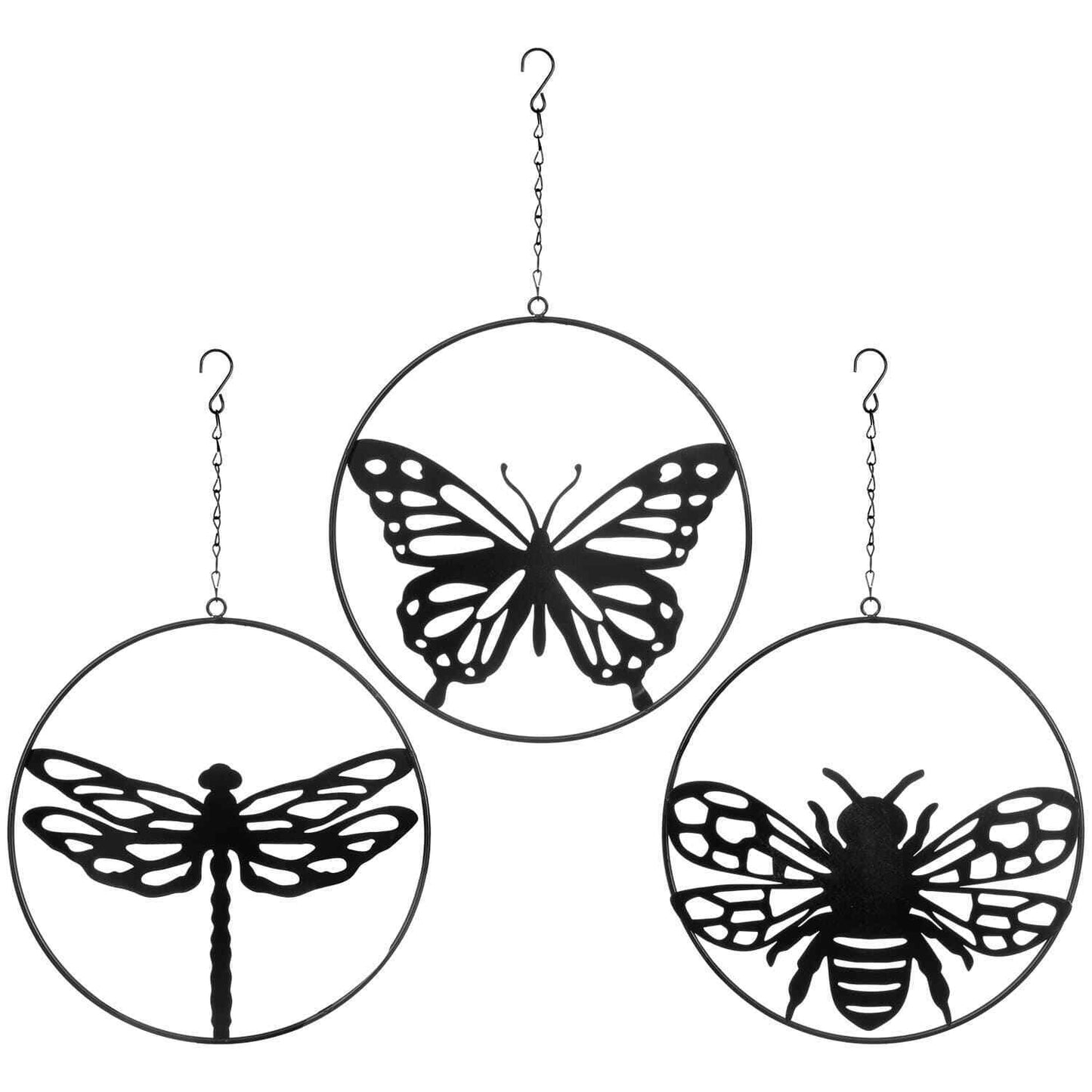 Garden Wall Hanging Black Metal Laser Cut Bee Dragonfly Butterfly Hoops Balck