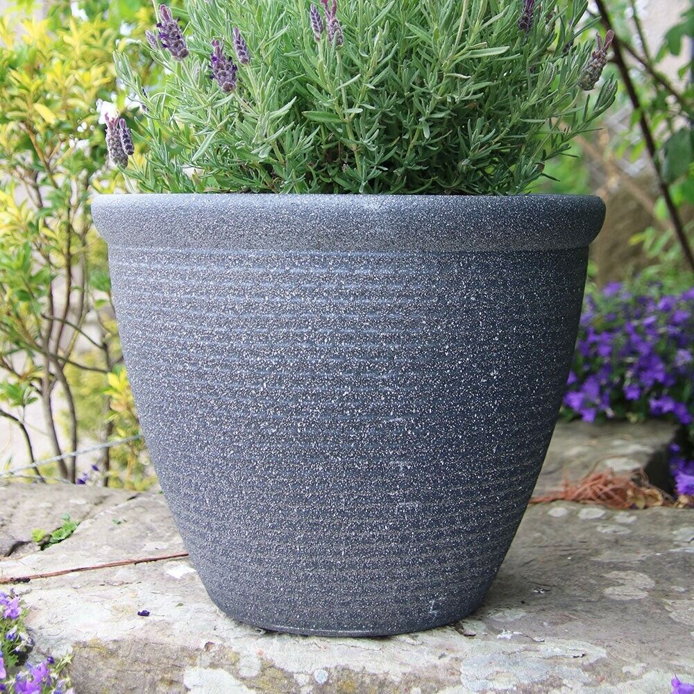 2X Large Plastic 25cm Round Cromarty Planter Dark Stone Effect Plant Pot Cover