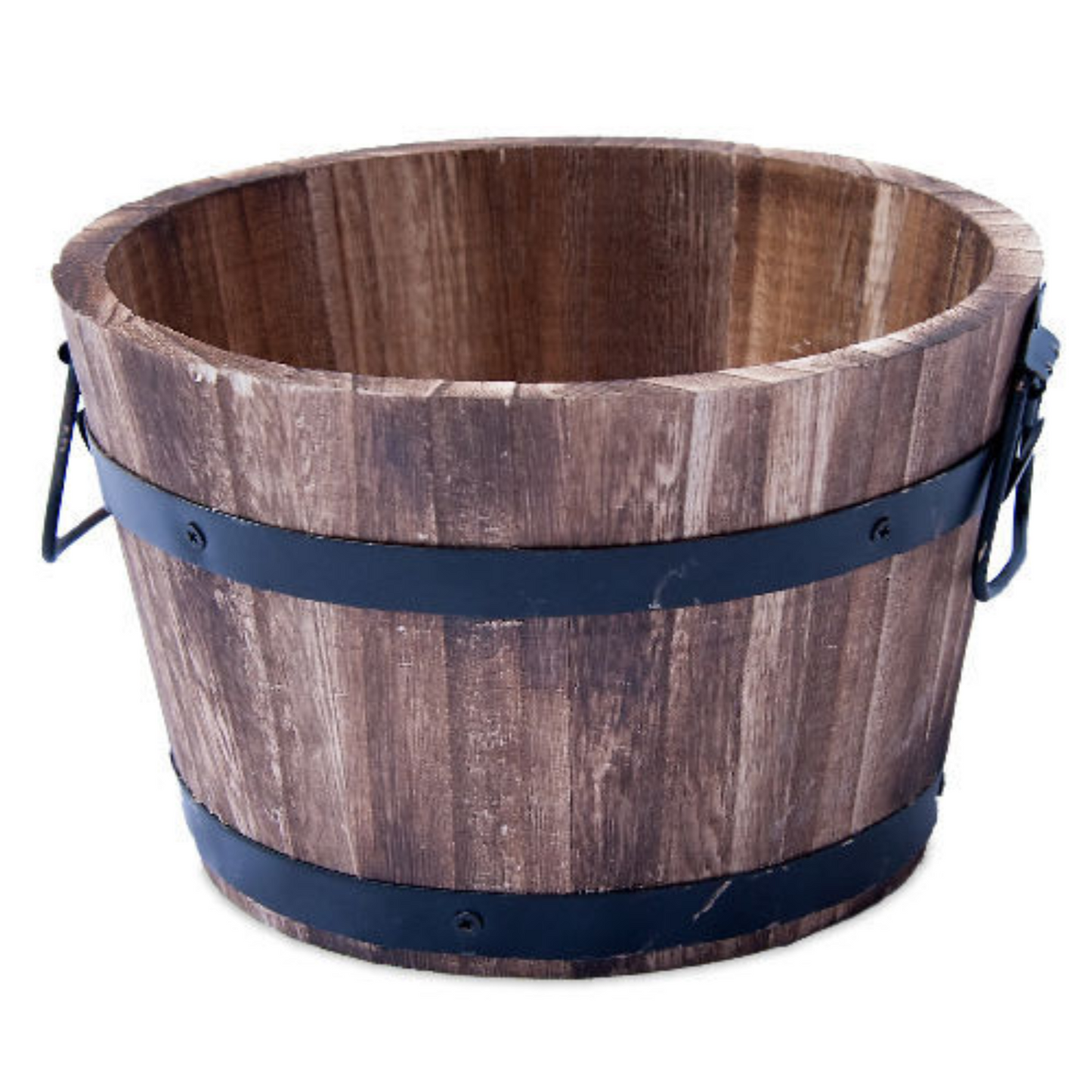 Round Wooden Barrel Planter 24cm Burnt Wood Garden Pot with Handles Outdoor Tub