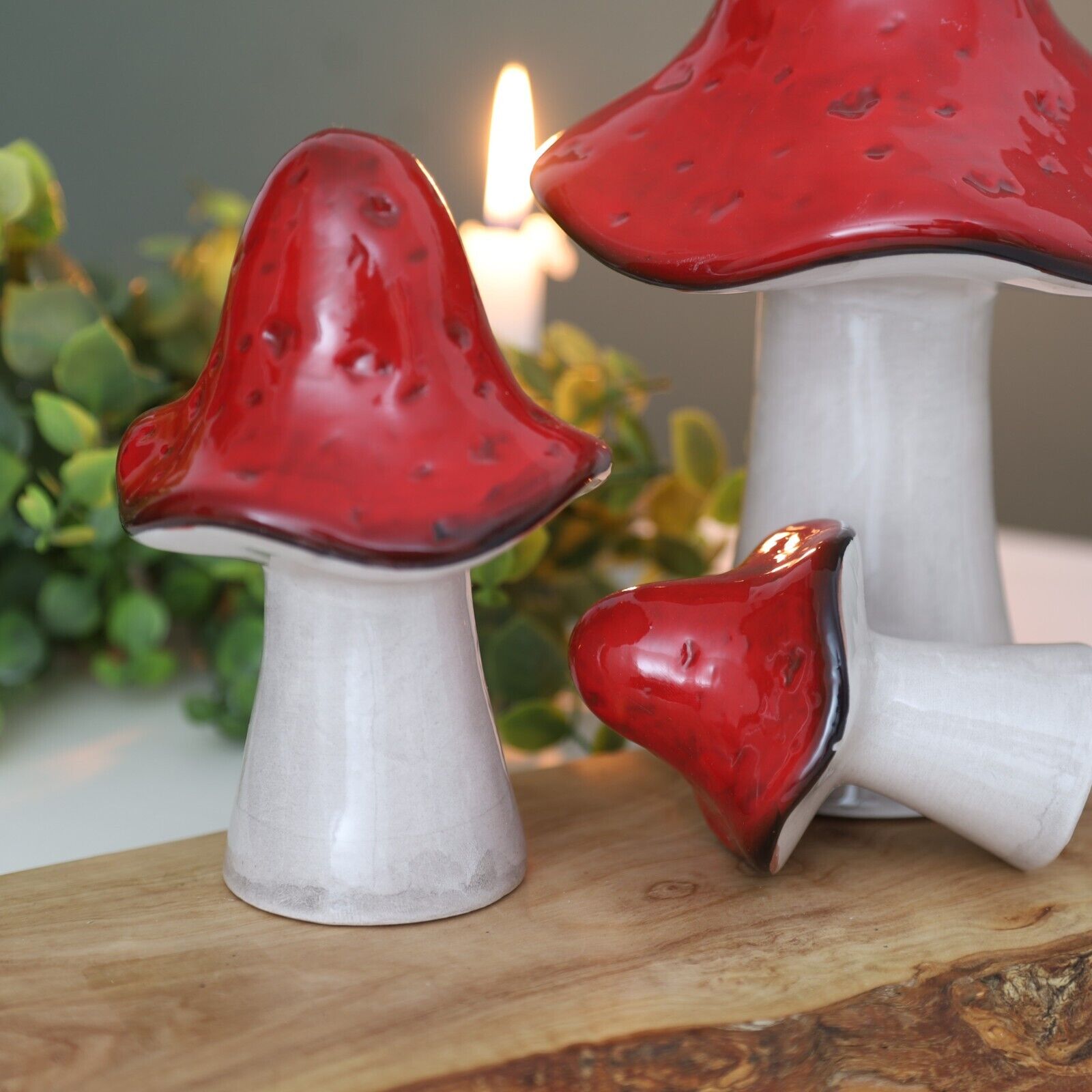 Ceramic Mushroom Autumn Fall Toadstool Red & White Painted Home Decor Ornament