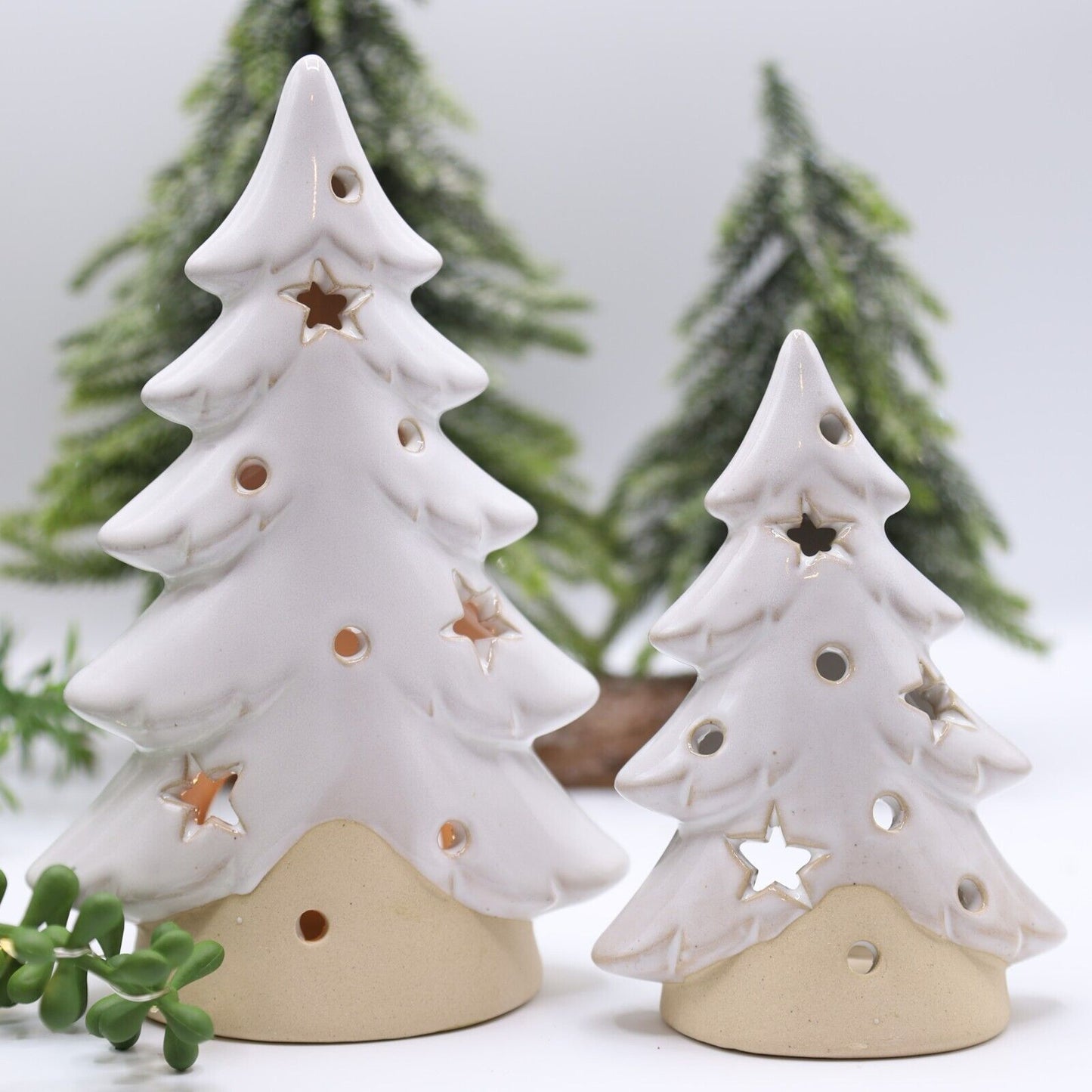 Beige Ceramic Tree Tealight Holder with Stars Cut Out Christmas Festive Decor