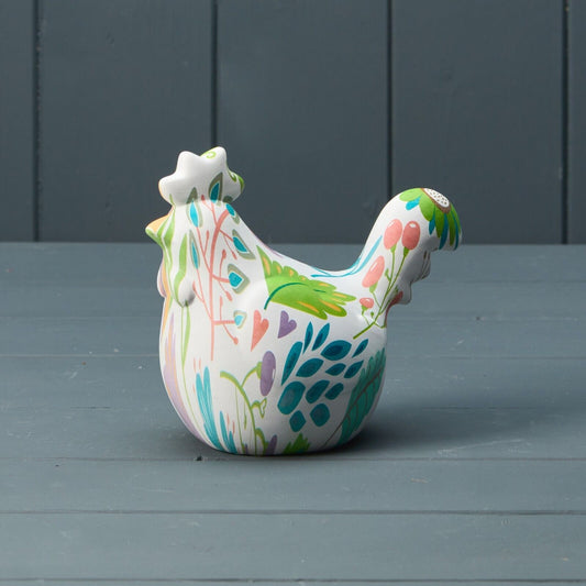 14cm Ceramic Floral Printed chicken Home Ornament Shelf Sitter Home Easter Decor