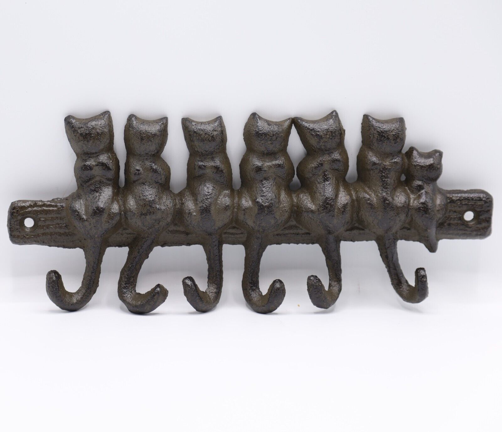 Cast Iron Cat Kitten Tail Family 6 hooks Leads Coat Wall Hanger Rack Key Hook