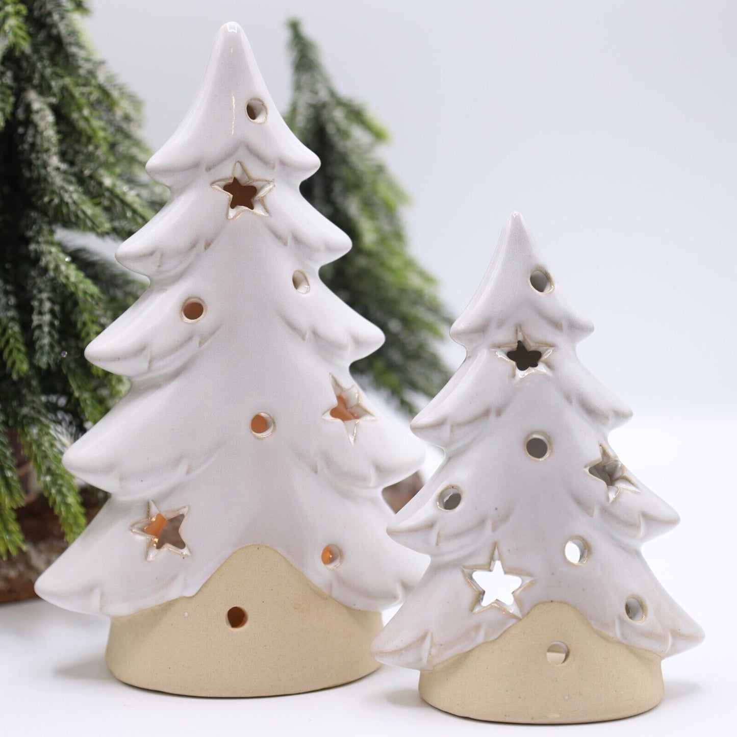 Beige Ceramic Tree Tealight Holder with Stars Cut Out Christmas Festive Decor