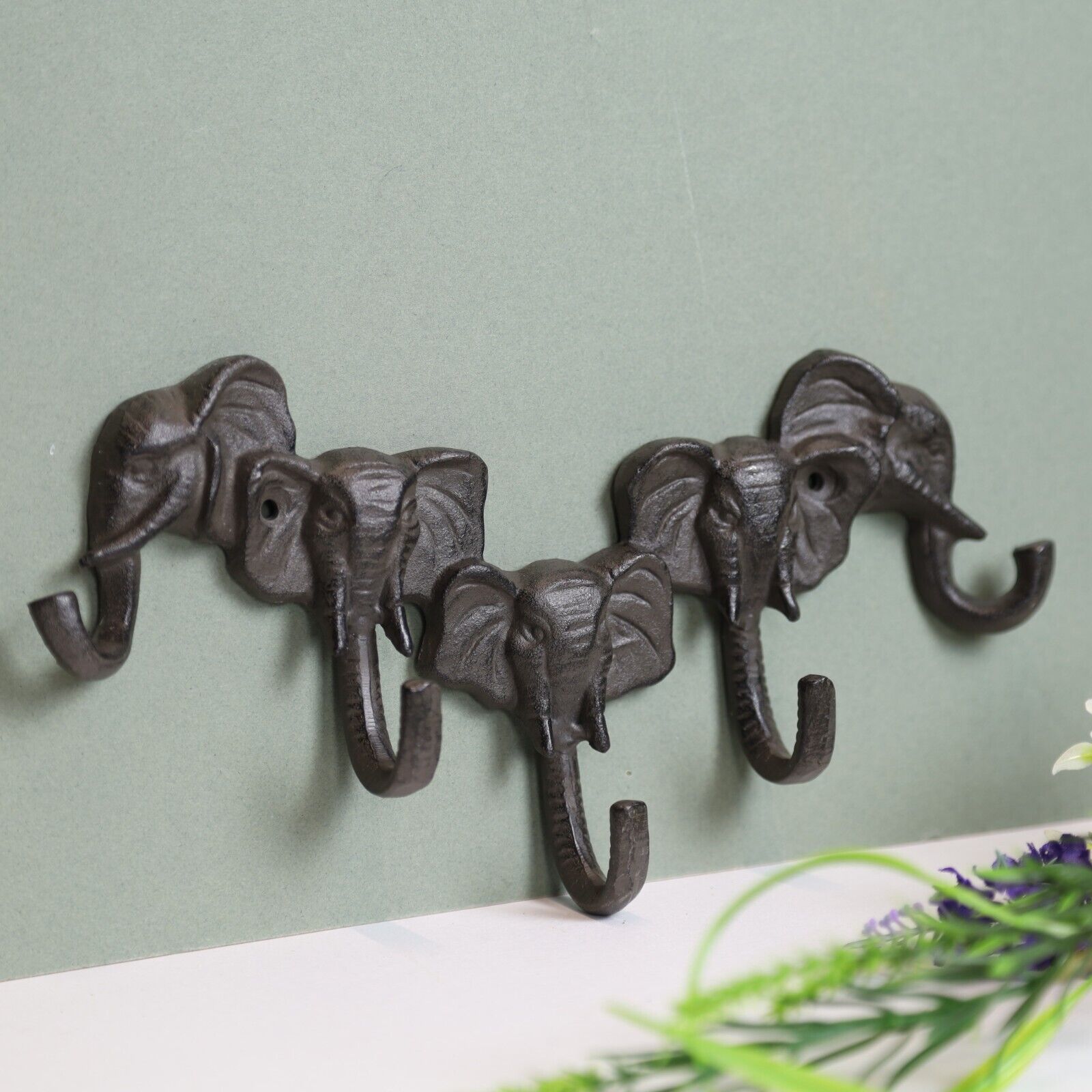 Elephant Wall Hook 5 Hooks Cast Iron Trunk Coat Hat Keys Ornament Home Hanger