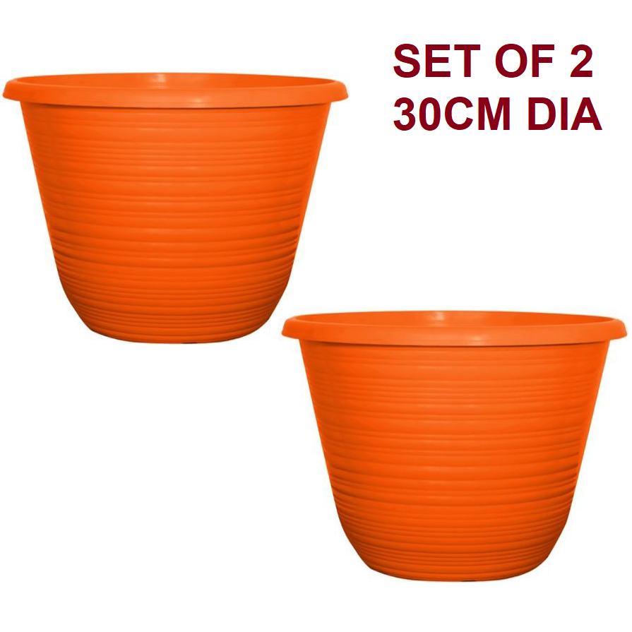 Set of 2 Bright Orange Plastic Plant Pot 30cm Round Tub 9.5L Garden Planter 