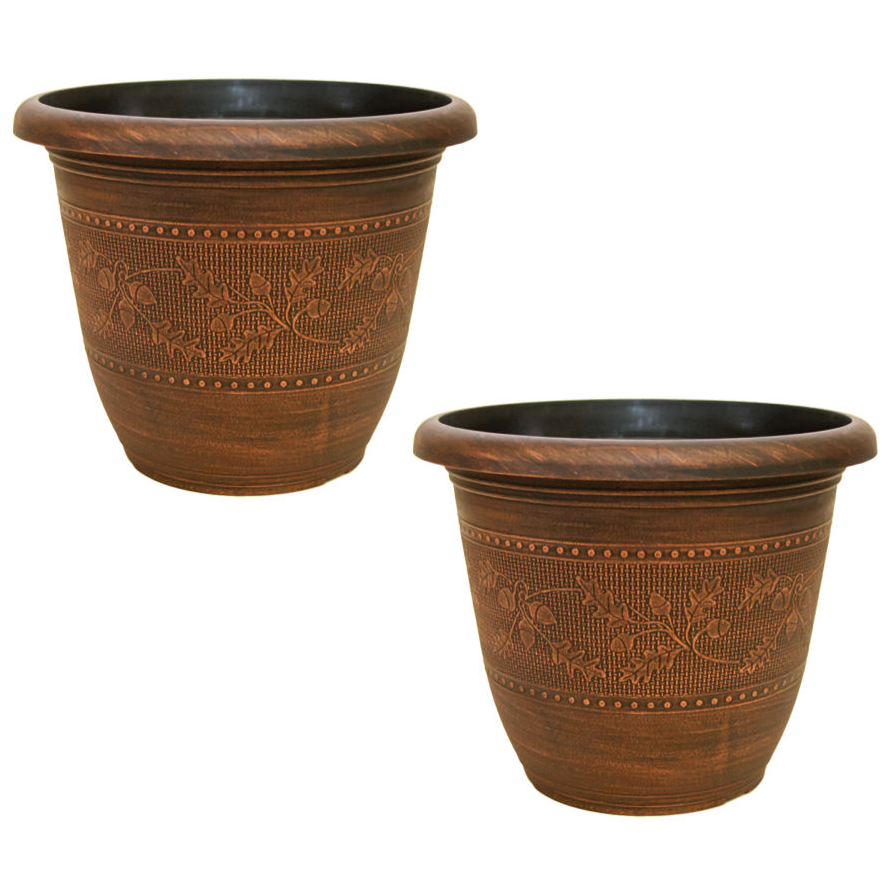 Set of 2 Round 26cm Garden Plant Pot Antique Copper Acorn Flower Planter