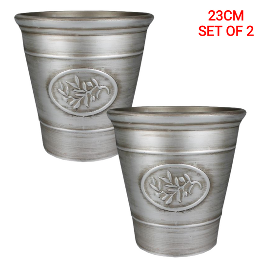 Set of 2 Olive Silver Plastic Plant Pot 23cm Tall 6L Round Garden Planter 