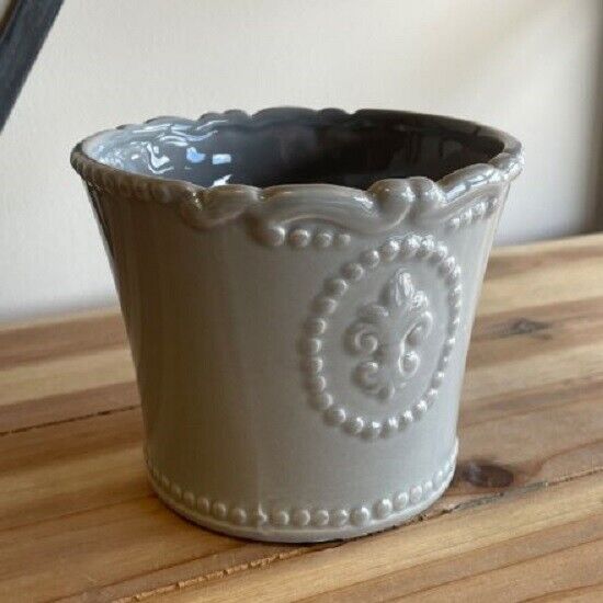 13cm Vintage Grey Ceramic Plant Pot Fleur De Lis Indoor Planter Cover Jar