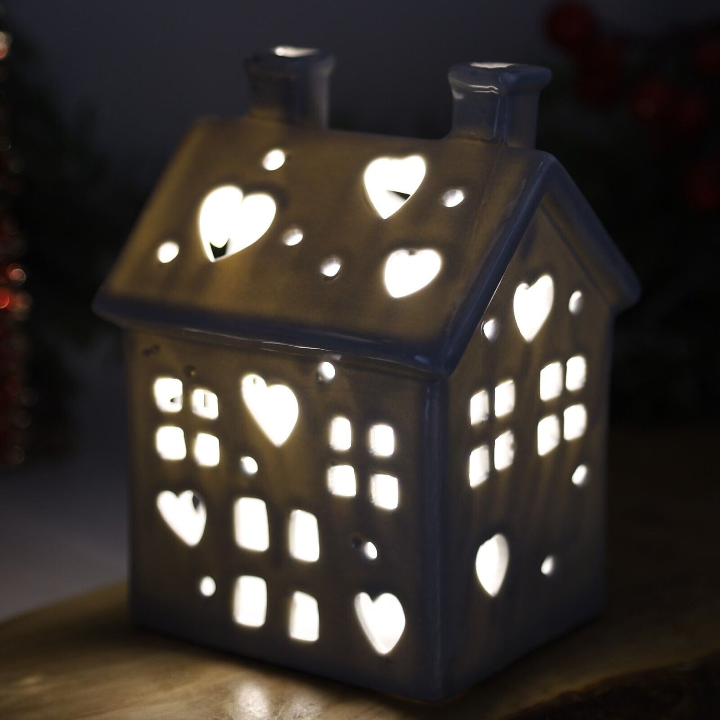 LED Grey Ceramic Home With Small Battery House Xmas Christmas Decor Ornament