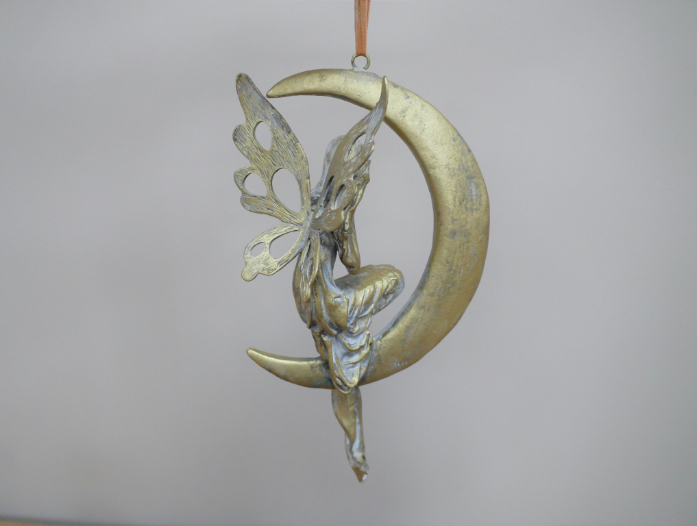 Fairy Crescent Moon Figurine Gold Wings Hanging Garden Home Decor Ornament