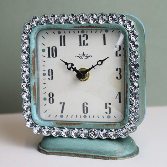 Green Verdigris Table Mantle Clock Feminine Women Gift Home Table Decor Diamante