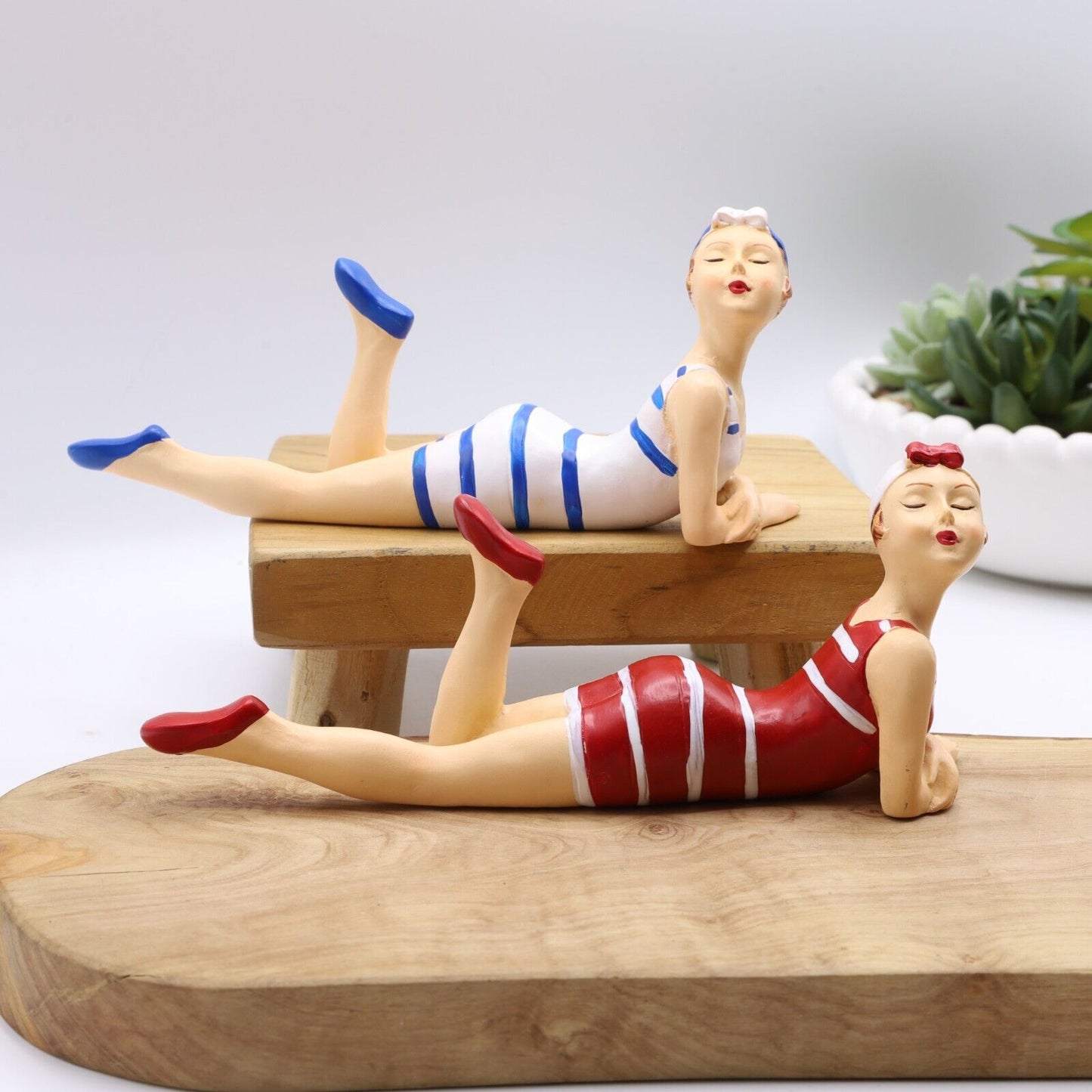 Set of Bathing Lady Ornaments Red & Blue 15cm Seaside Beach Bathroom Home Gift