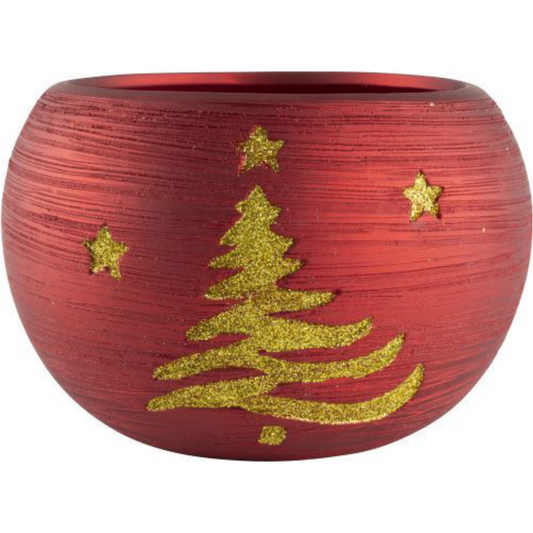 Planter Ceramic Red 1.3L Curved with Gold Tree Star 17cm Plant Pot Indoor Garden