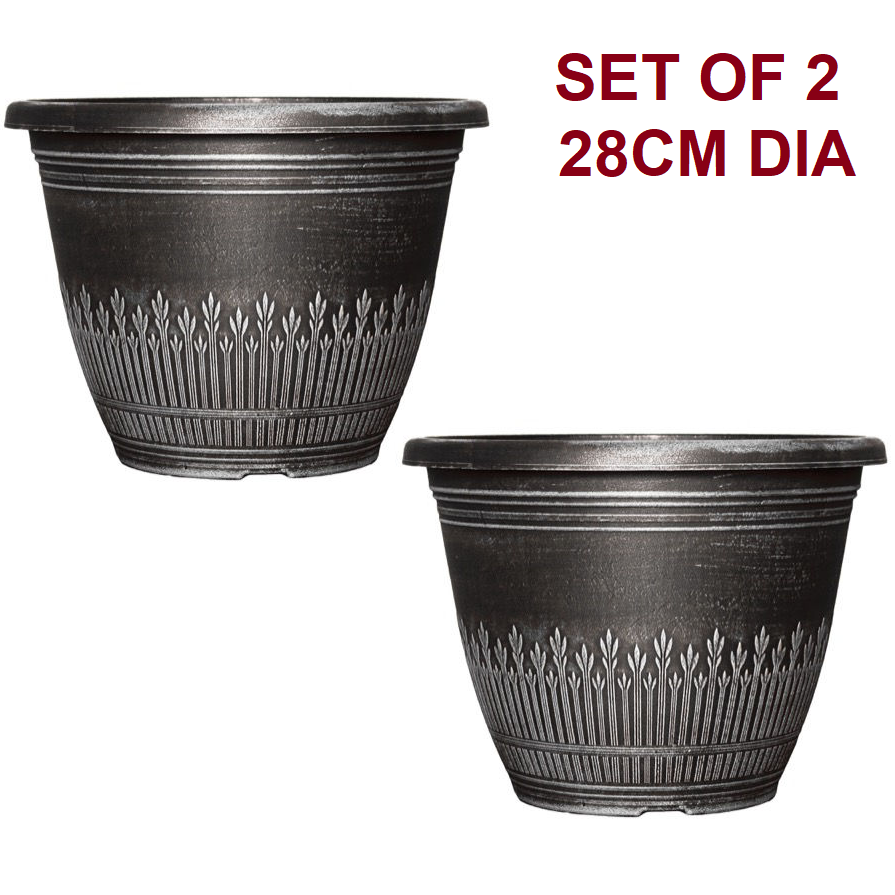 Planters Set of 2 Round 28cm Garden Plant Pot Brushed Silver Grey Wheat Flower