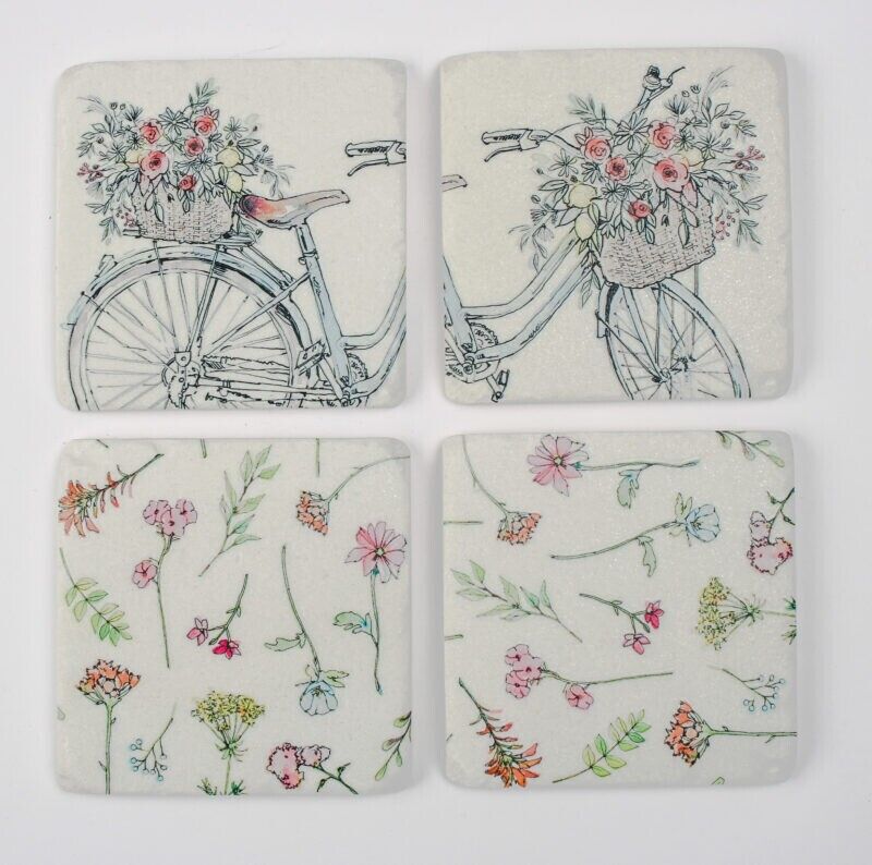 Ceramic Coasters Set of 4 Floral Bikes Cork Backed Coasters Table Decor Mats