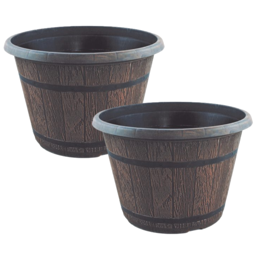 Barrel Planter Set of 2 Round Brown Chestnut 25cm Plastic Pot 6L Outdoor Tub