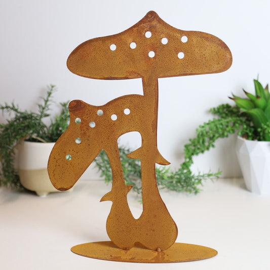 Outdoor Rustic Rusty Metal Mushroom Toadstool Garden Stake Silhouette Ornament