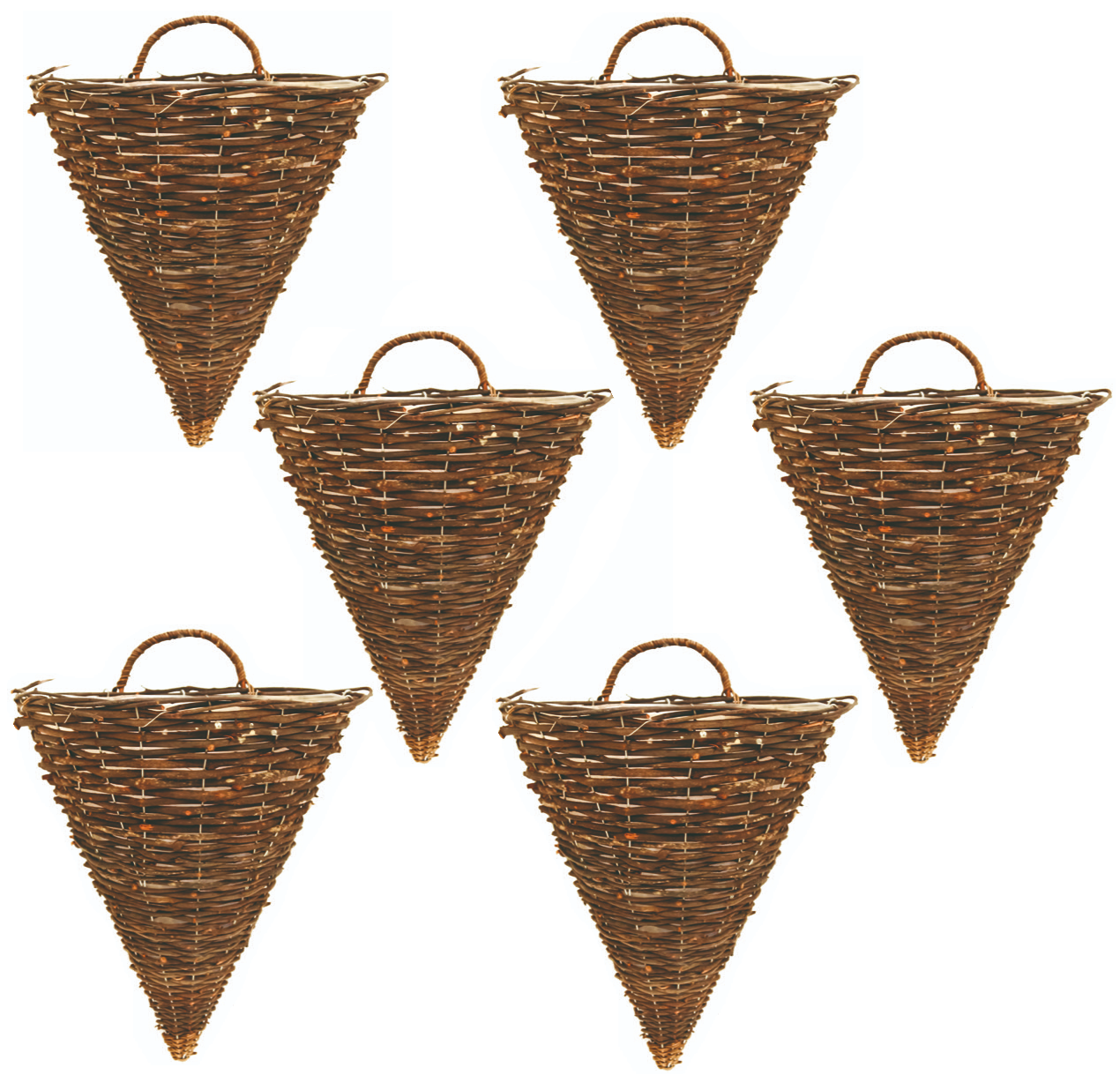 6X 30cm Dark Brown Wicker Wall Hanging Cone Basket Lined Rattan Willow Planter