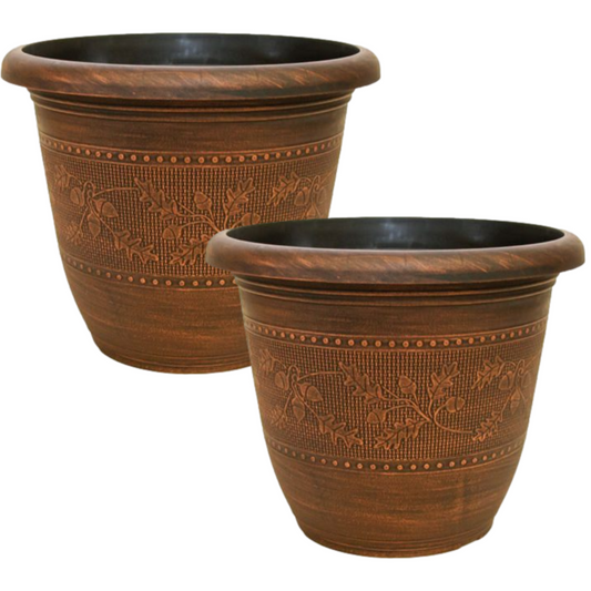 Set of 2 Round 33cm Garden Plant Pot Antique Copper Acorn Flower Autumn Planter