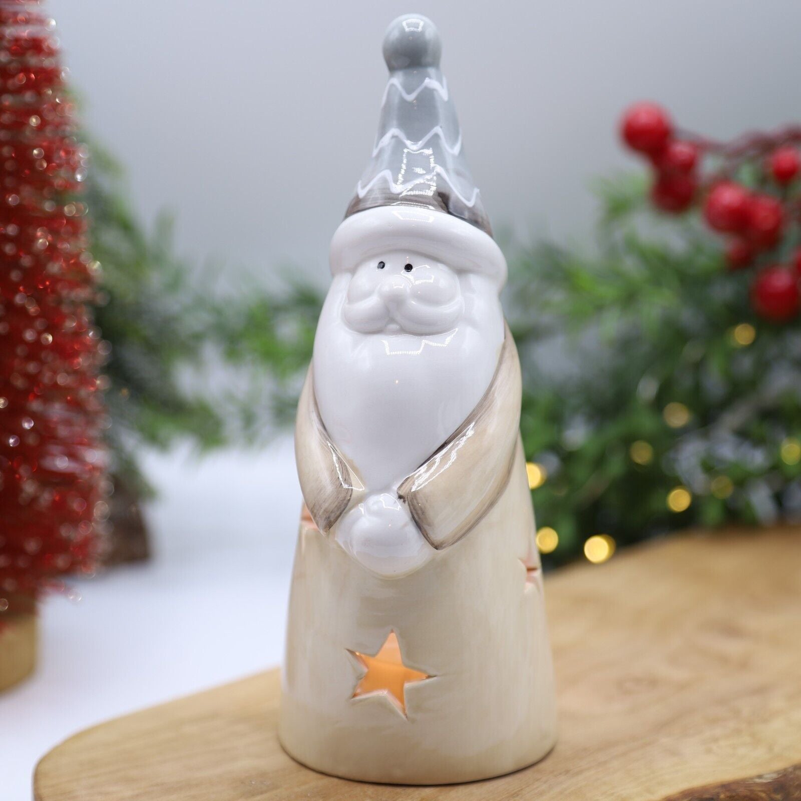 Ceramic Tall Santa Tealight Holder with Star Cut out Christmas Festive Decor