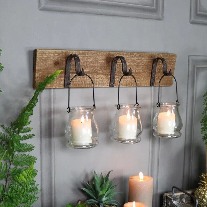 Tea Light Candle Holder 3 Hook Rustic Lantern Lamp Wall Mounted Home Decor