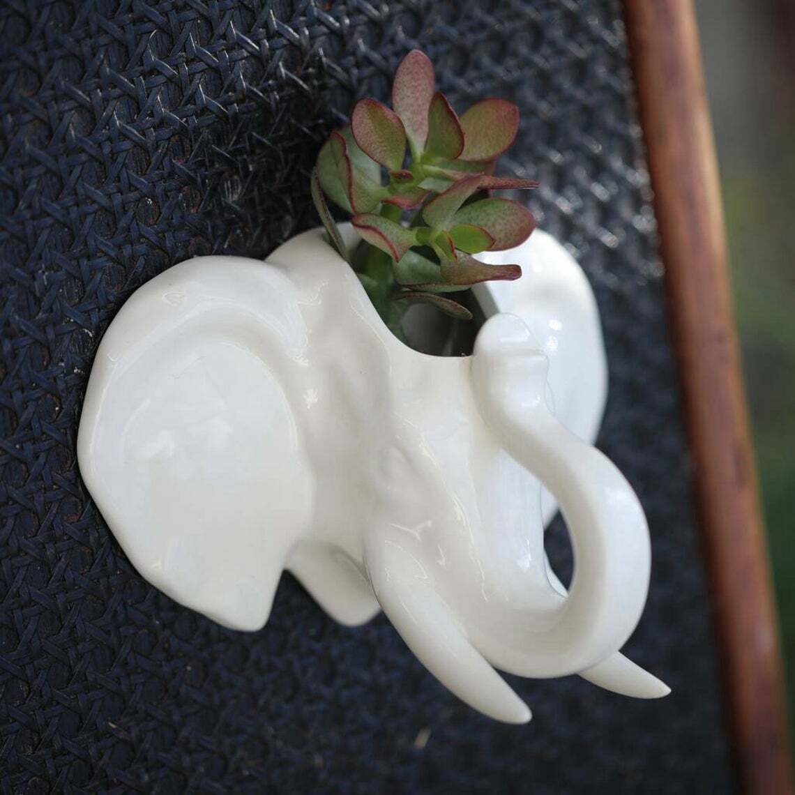 White Ceramic Elephant Head Wall Hanging Plant Pot Flower Herbs Kitchen Planter