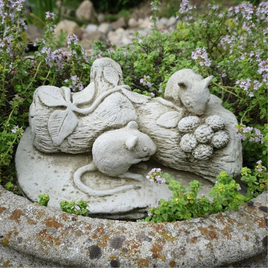 Mice on a Log Statue Reconstituted Stone Mouse Animal Outdoor Garden Ornament