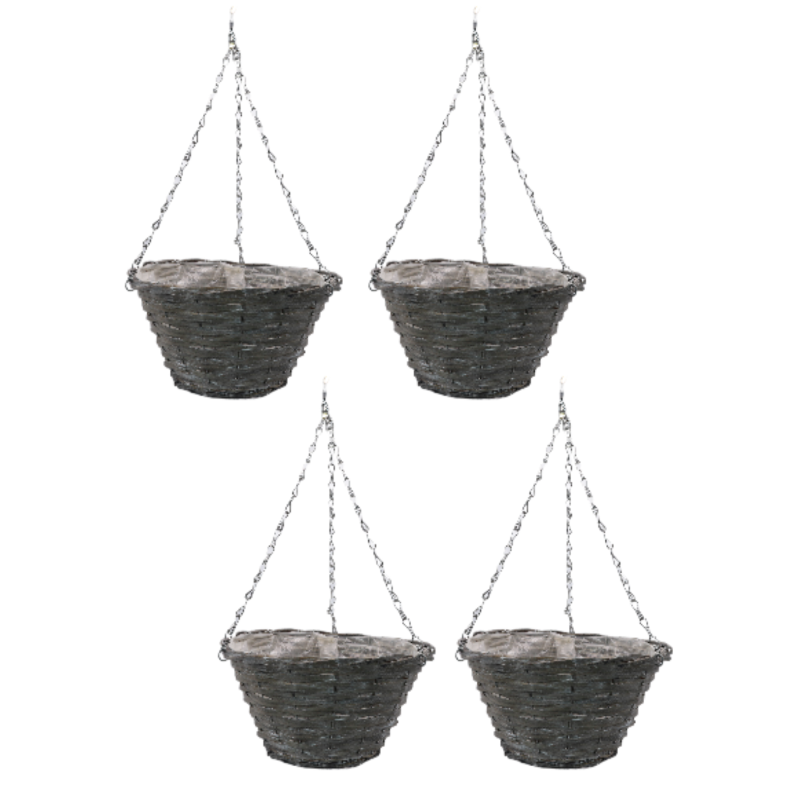 4Pc Grey Washed Willow Hanging Baskets 30cm 12 Inch Lined Planter Iron Chains