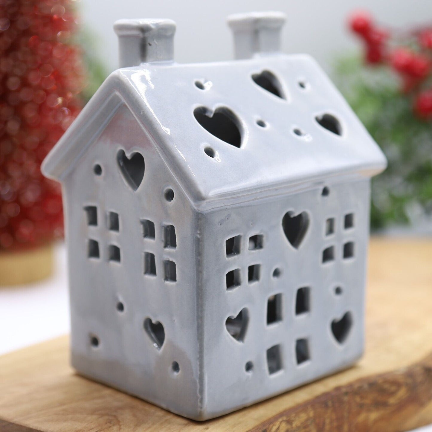 Christmas Ceramic Grey House Shaped Home Tealight Candle Holder Festive Decor