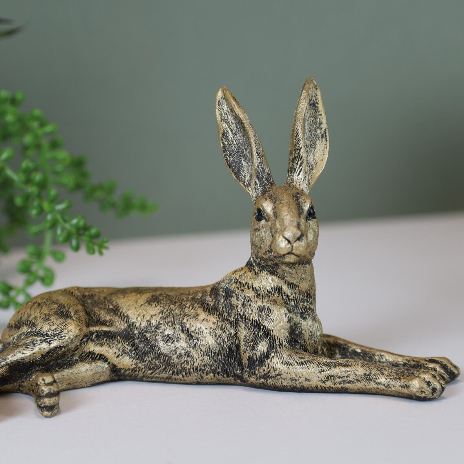 Golden Laying Hare Statue Indoor, Garden Bunny Rabbit Animal Decor Ornament