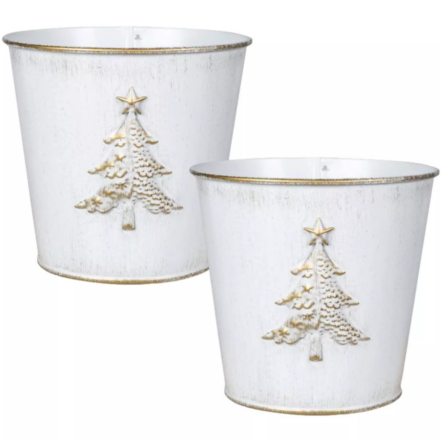 2Pc Metal Christmas Tree Embossed Plant Pot 20cm Tin Pail 3 Liter White Planter