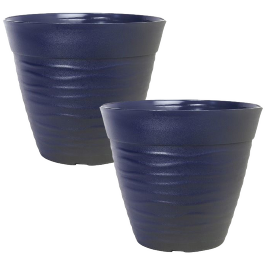 Set of 2 Matt Blue Plastic Plant Pot 30cm Round Gloss 12L Garden Ripple Planter