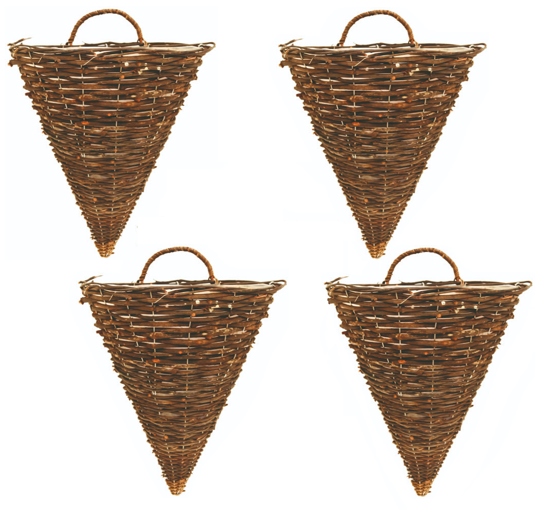 4X 30cm Dark Brown Wicker Wall Hanging Cone Basket Lined Rattan Willow Planter