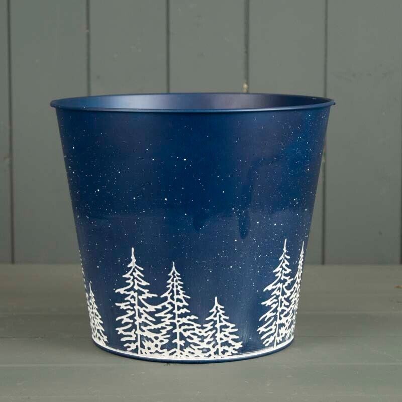 Blue Zinc Tall Winter Wonderland Planter Pot with Drainage Christmas Xmas Gift
