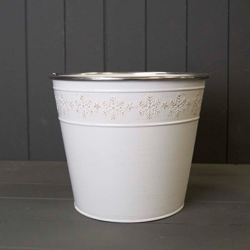 White Zinc Tall Planter Pot with Snowflake Design 22cm Christmas Xmas Gift Decor