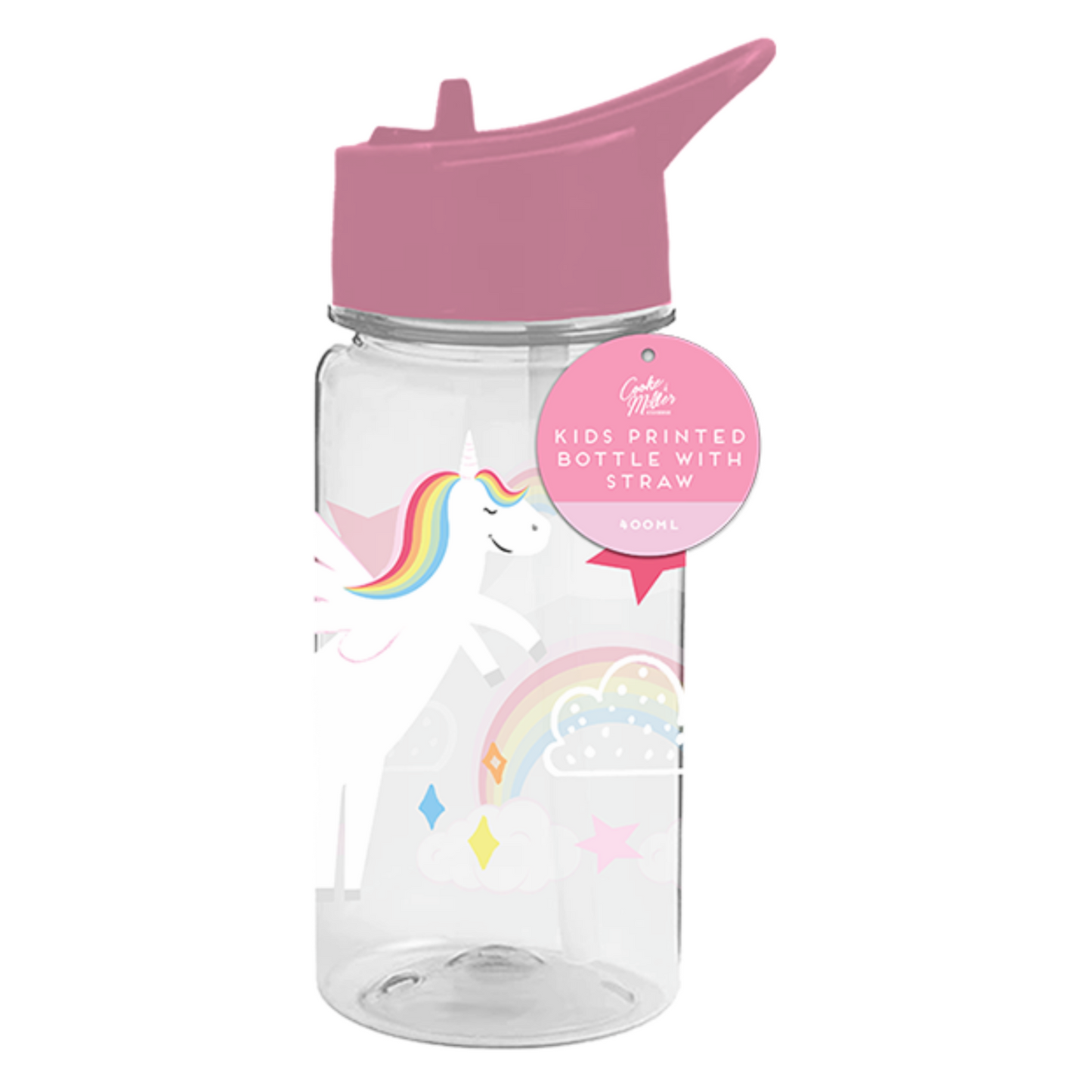 Unicorn Printed Plastic Water Bottle 400ml With Straw BPA FREE Girls Kids School