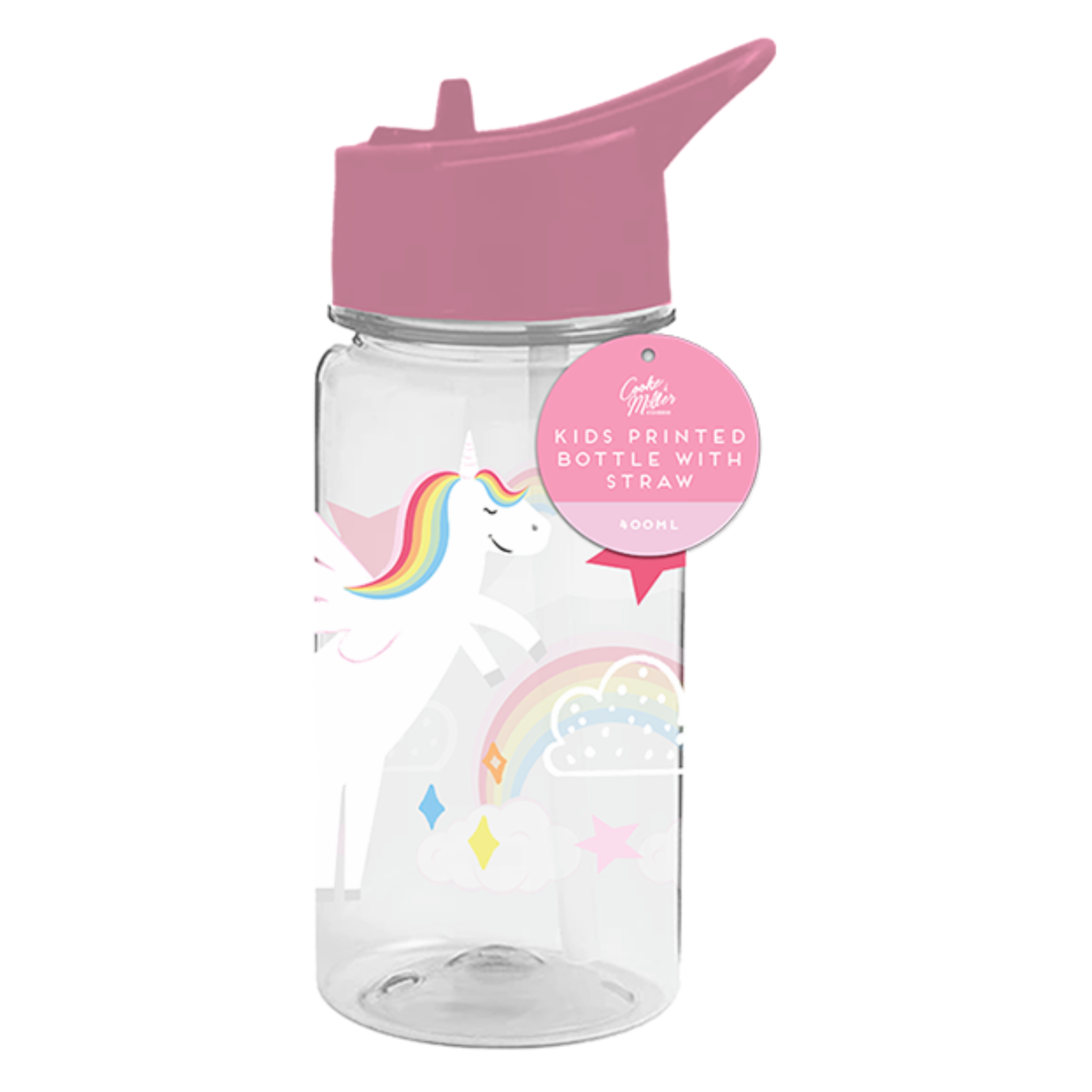 Unicorn Printed Plastic Water Bottle 400ml With Straw BPA FREE Girls Kids School