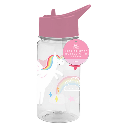 Unicorn Printed Plastic Water Bottle 400ml With Straw BPA FREE Girls Kids School