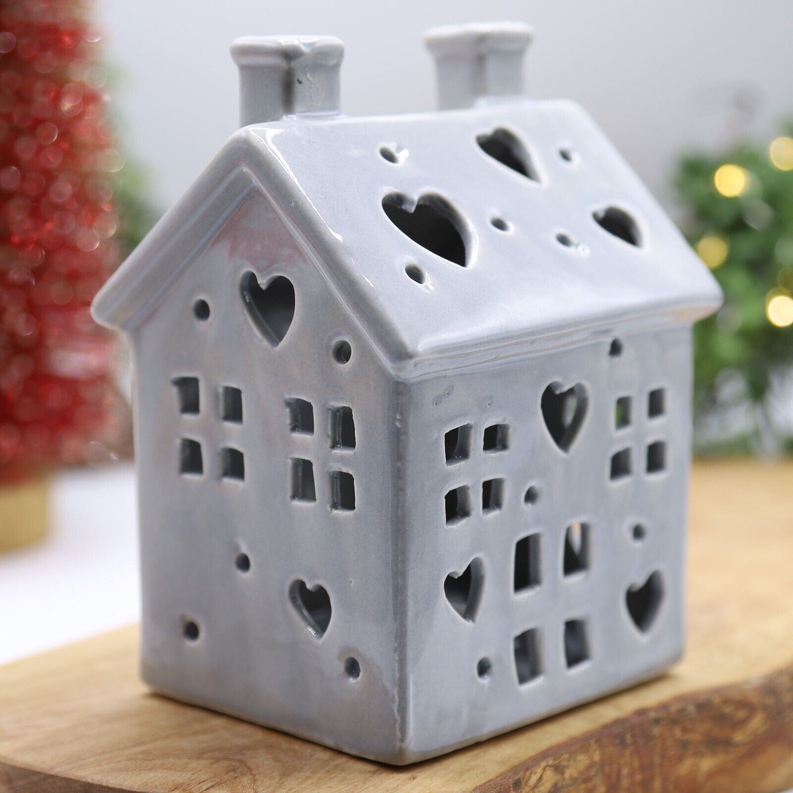 Christmas Ceramic Grey House Shaped Home Tealight Candle Holder Festive Decor