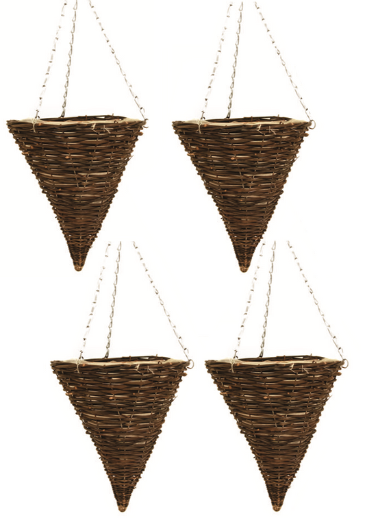 4X 30cm 12" Cone Dark Brown Wicker Hanging Basket Lined Rattan Willow Planter