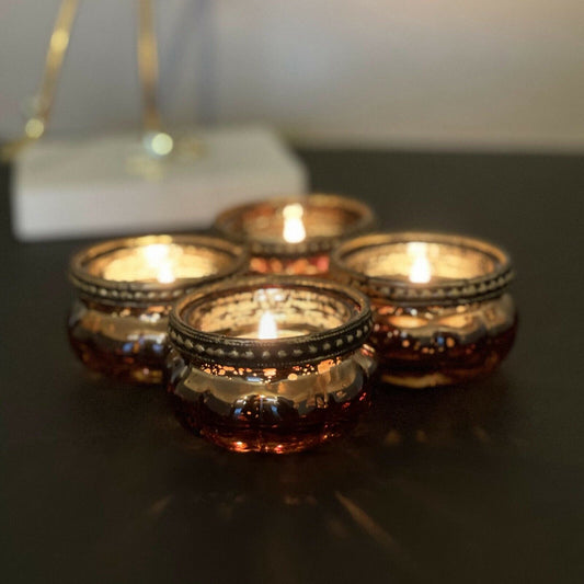 Set of 4 Ribbed Metal Rim Vintage Glass Tealight Candle Holders Wedding Bronze