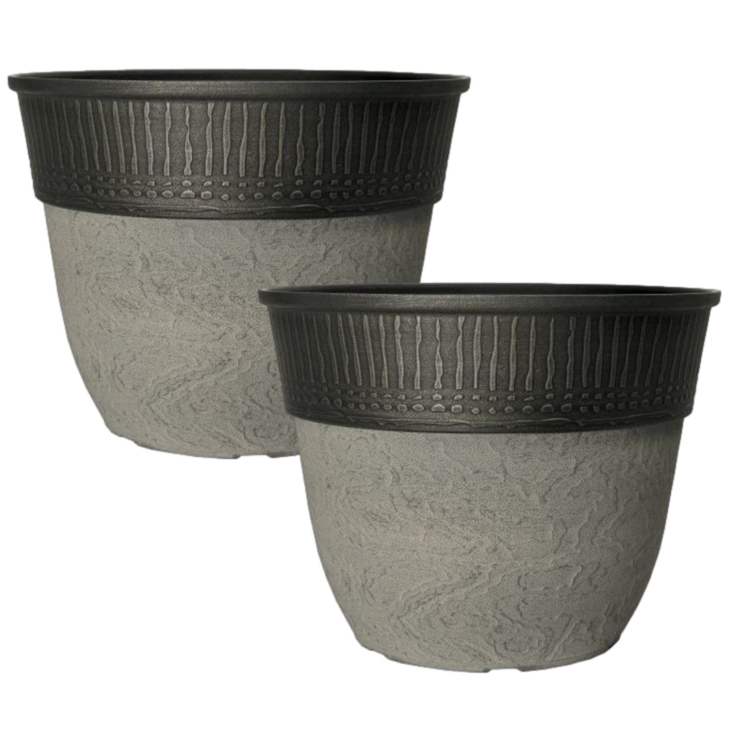 Set of 2 Stone Look Copper Rim Plastic Plant Pot 38cm 23L Round Garden Planter