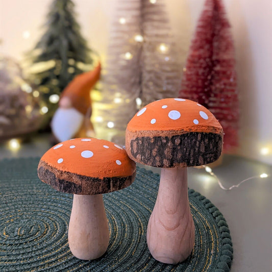 Wooden Orange Painted Mushroom Autumn Fall Toadstool Ornament Home Decor