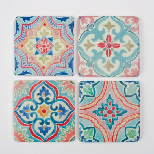 Ceramic Morrocan Geometric Tile Coasters Set of 4 Cork Backed Table Mats