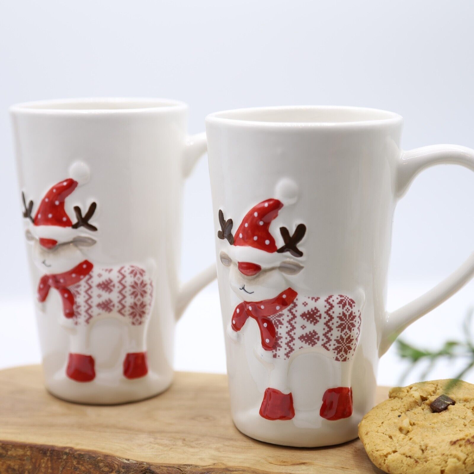 2Pc Reindeer Tall Mug 430ml Coffee Tea Cup Christmas Table Novelty Gift Deocr