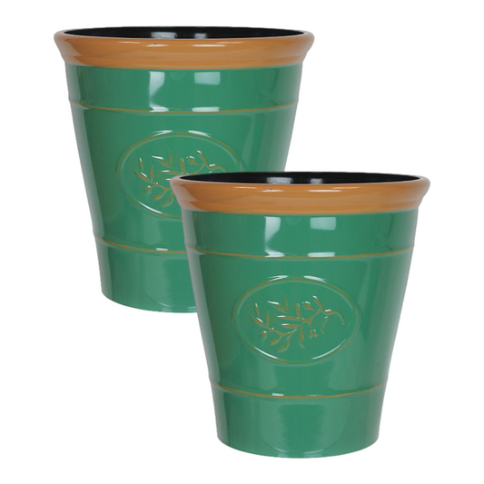 Set of 2 Round 23cm Olive Dark Green Plastic Brown Rim Gloss Garden Planter Pot